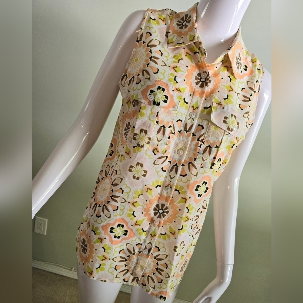 🌈Ann Taylor Petite Floral Retro Button Down Collared Tank Top Size Small SP